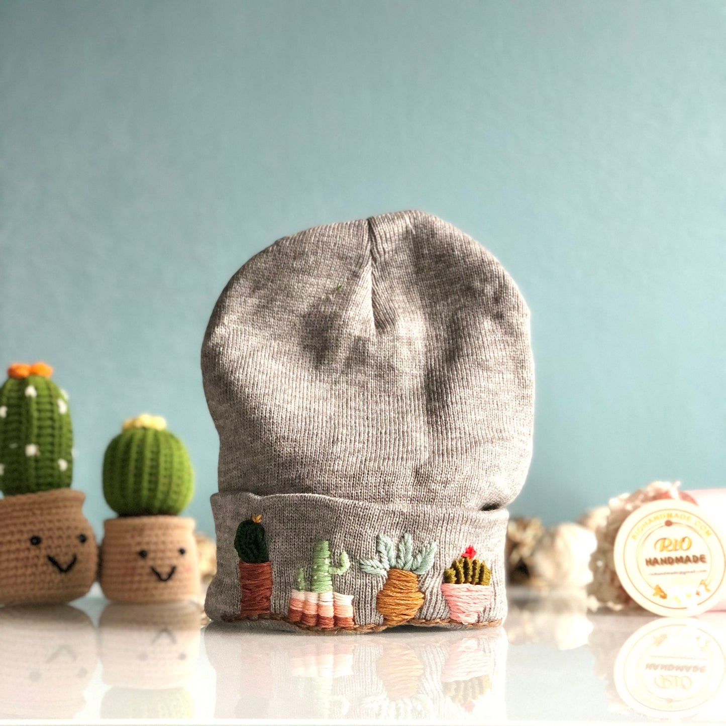 Hand embroidered Beanie, Winter Hat, Plant Hat, Handmade Hat, Cactus Embroidery