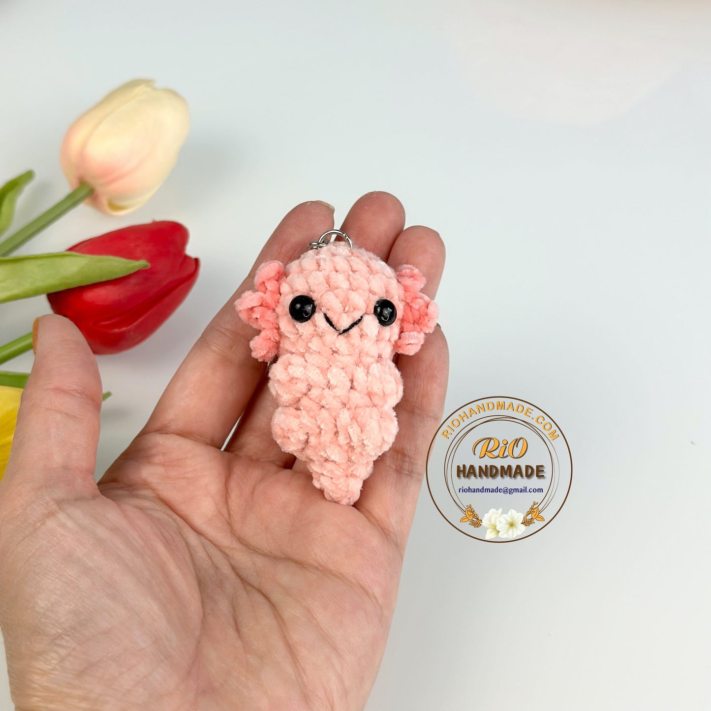 Handmade Velvet Axolotl, crochet Axolotl, amigurumi Axolotl keychain, plushie toy, cute gift, ornament, car rear view hanging
