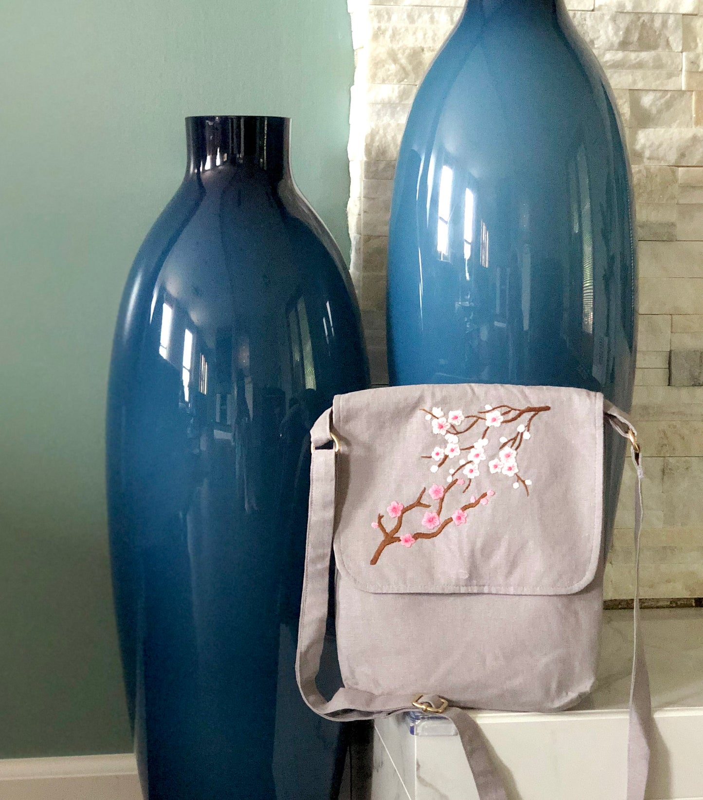 Hand Embroidered Cherry Blossom Linen Crossbody Bag, Linen Bag, Crossbody Bag