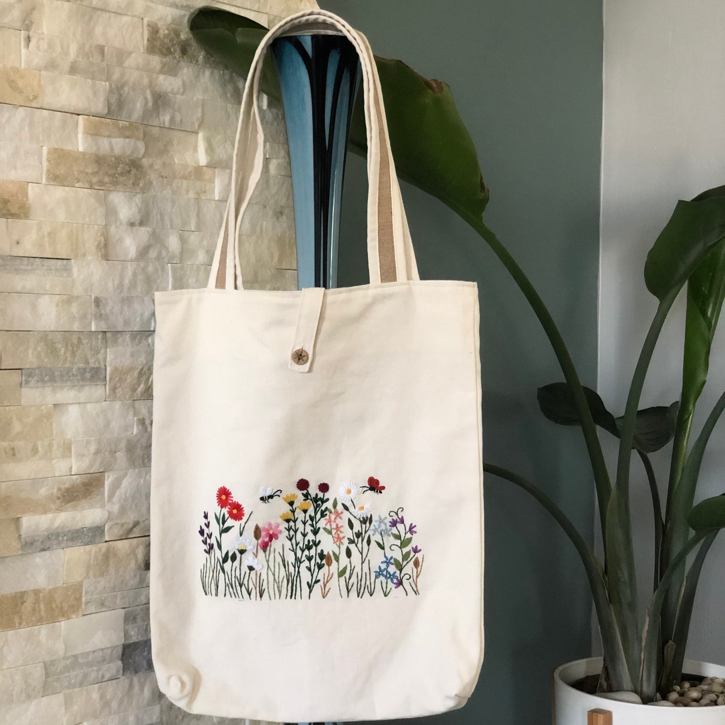 Ready To Ship, Handmade Embroidery Floral Tote Bag Wild Flowers