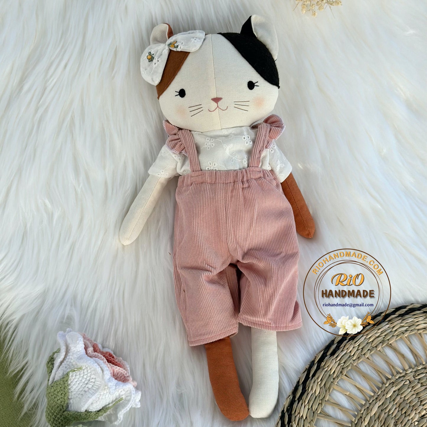 Rio Handmade Linen Cat Doll, Nursery Decor Stuffed, Linen Baby Toy, Stuffed Cat Toy For Toddler, Kid, Adult Hobby