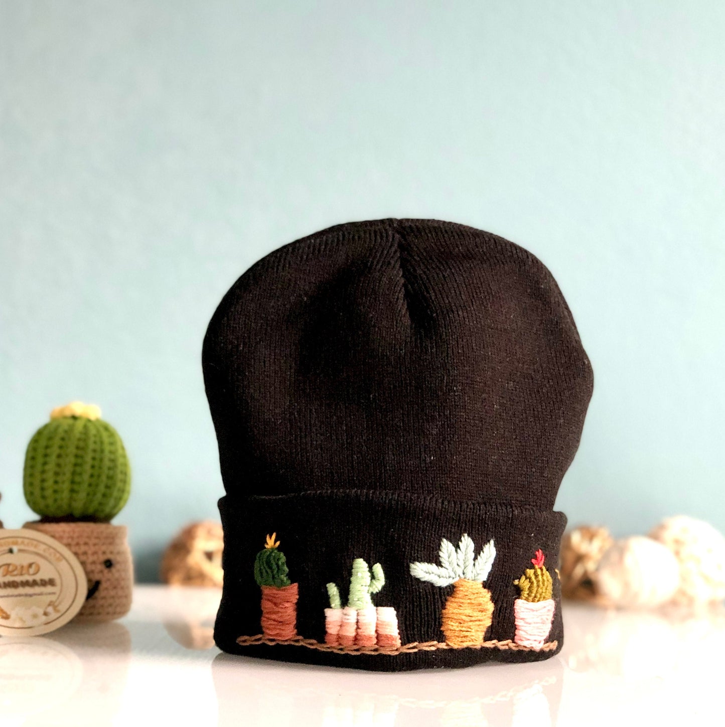 Hand embroidered Beanie, Winter Hat, Plant Hat, Handmade Hat, Cactus Embroidery
