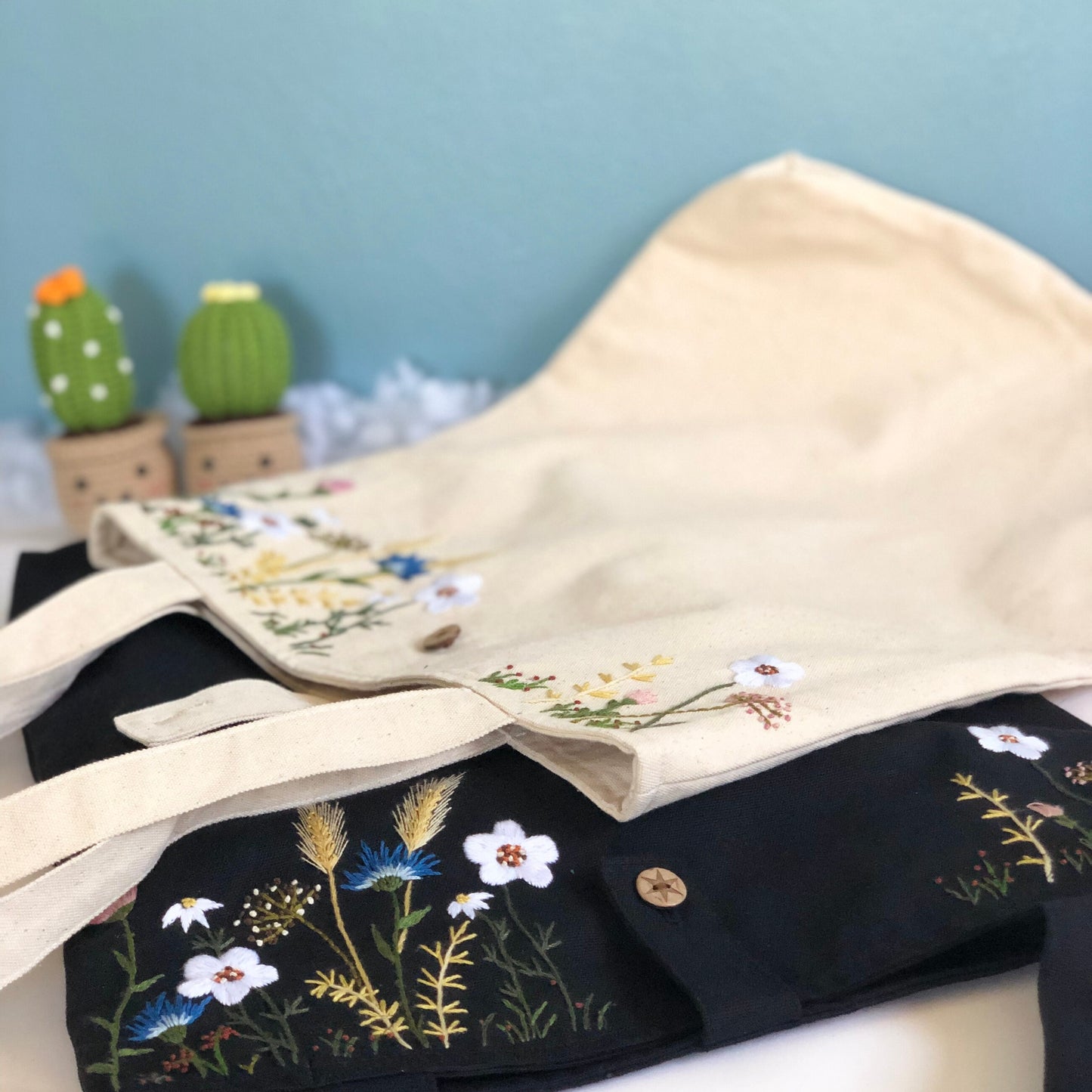 Handmade Embroidery Floral Linen Tote Bag Flowers