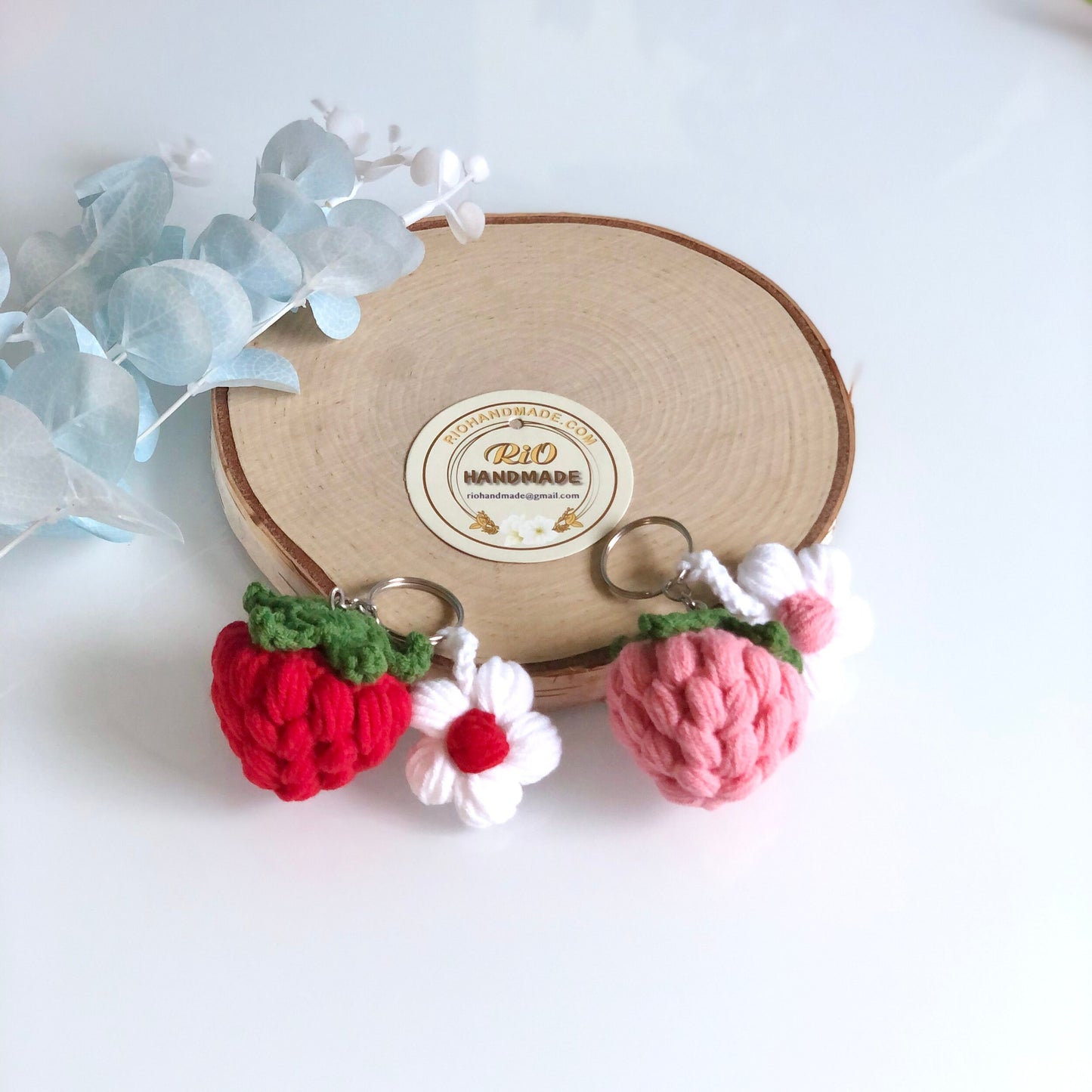 Handmade Strawberry, Crochet Strawberry and Flower Keychain, Amigurumi Strawberry and flower, Cute Gift