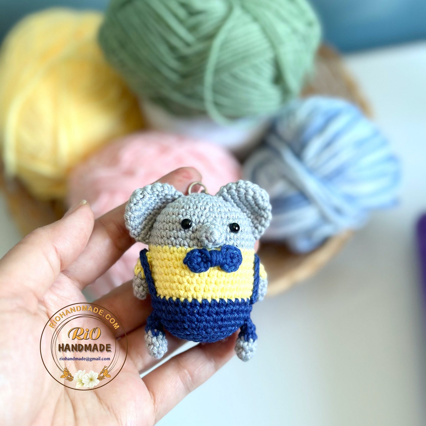 Handmade elephant keychain, car rearview mirror charm crochet amigurumi koala, elephant plushie toy, gift, car hanging accessory