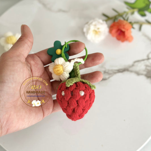 Handmade Strawberry, Crochet Strawberry and Flower Keychain, Amigurumi Strawberry and flower, Cute Gift