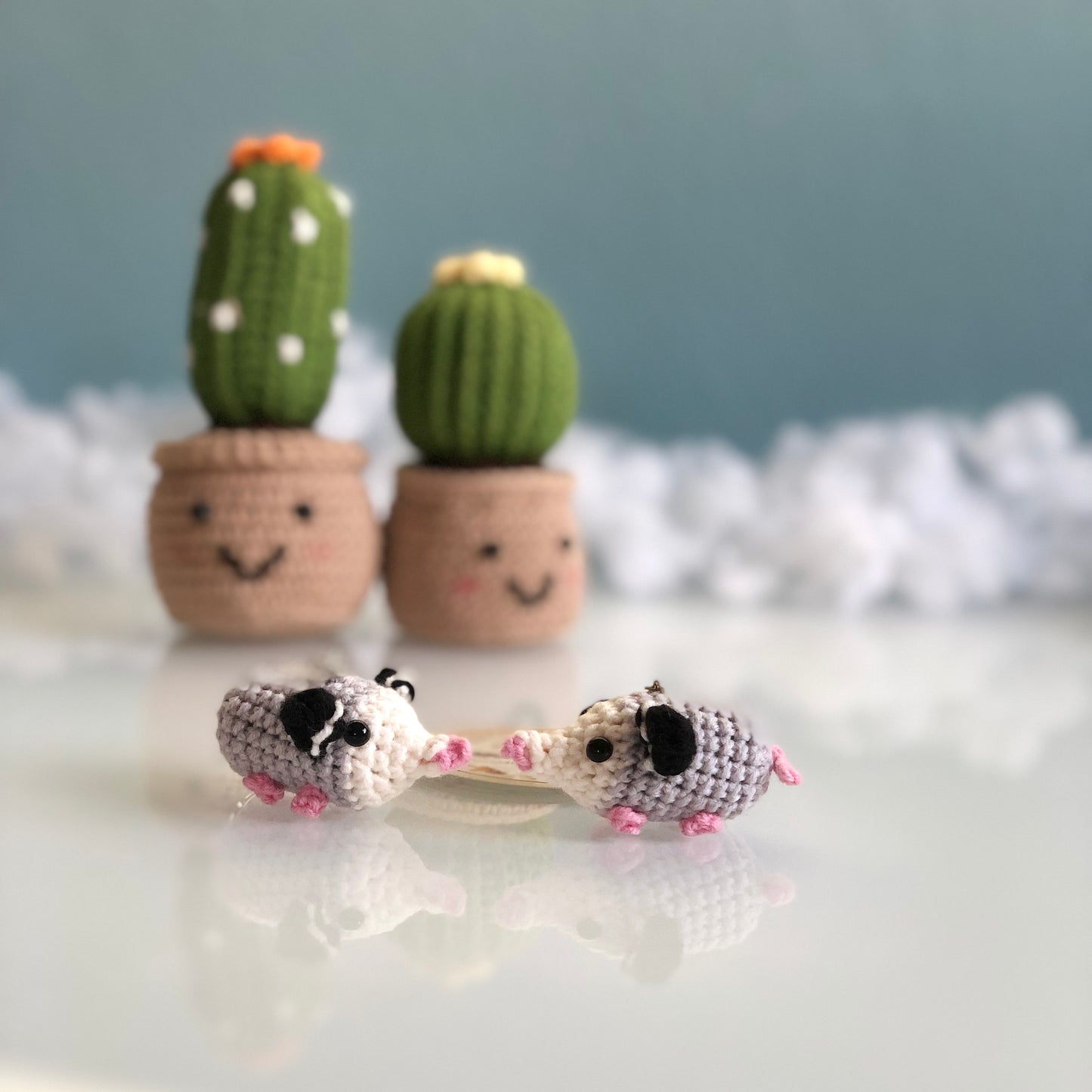 Handmade possum car rearview mirror charm crochet amigurumi, opossum keychain, plushie toy, gift, car hanging accessory