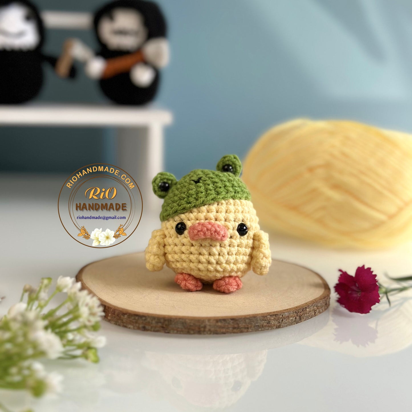 Ready To Ship, Rio Handmade duck with knife meme crochet keychain, car rear view mirror hanging, ducky meme, duck with frog hat, cute gift,