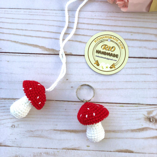 Handmade mushroom crochet keychain, amigurumi, plushie toy, car charm
