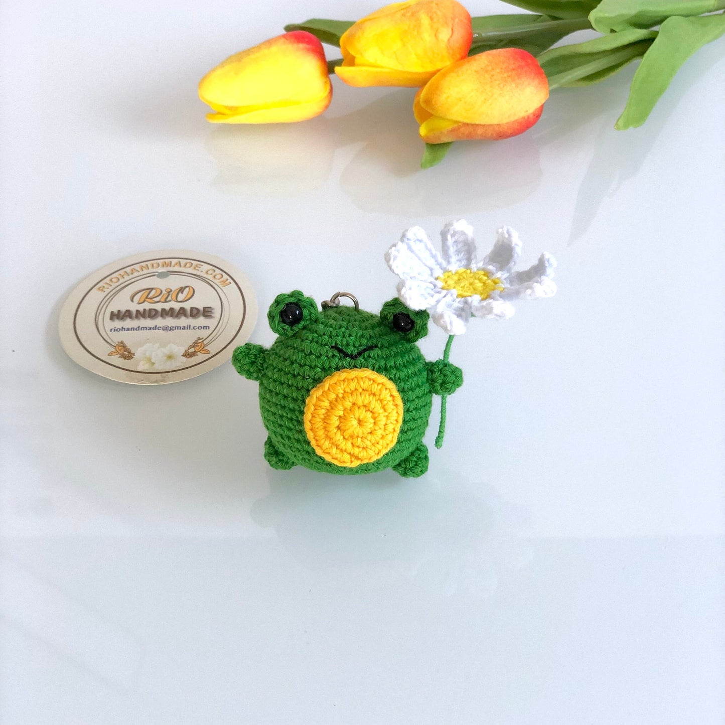 Rio Handmade yarn cotton frog mushroom crochet, amigurumi frog with daisy, cute frog, cute frog plush, home decor, adult hobby