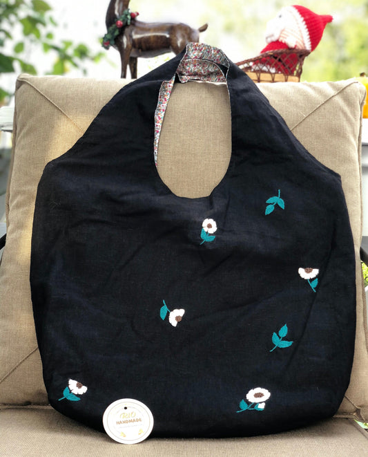 Handmade Linen Embroidery Flower Tote Bag