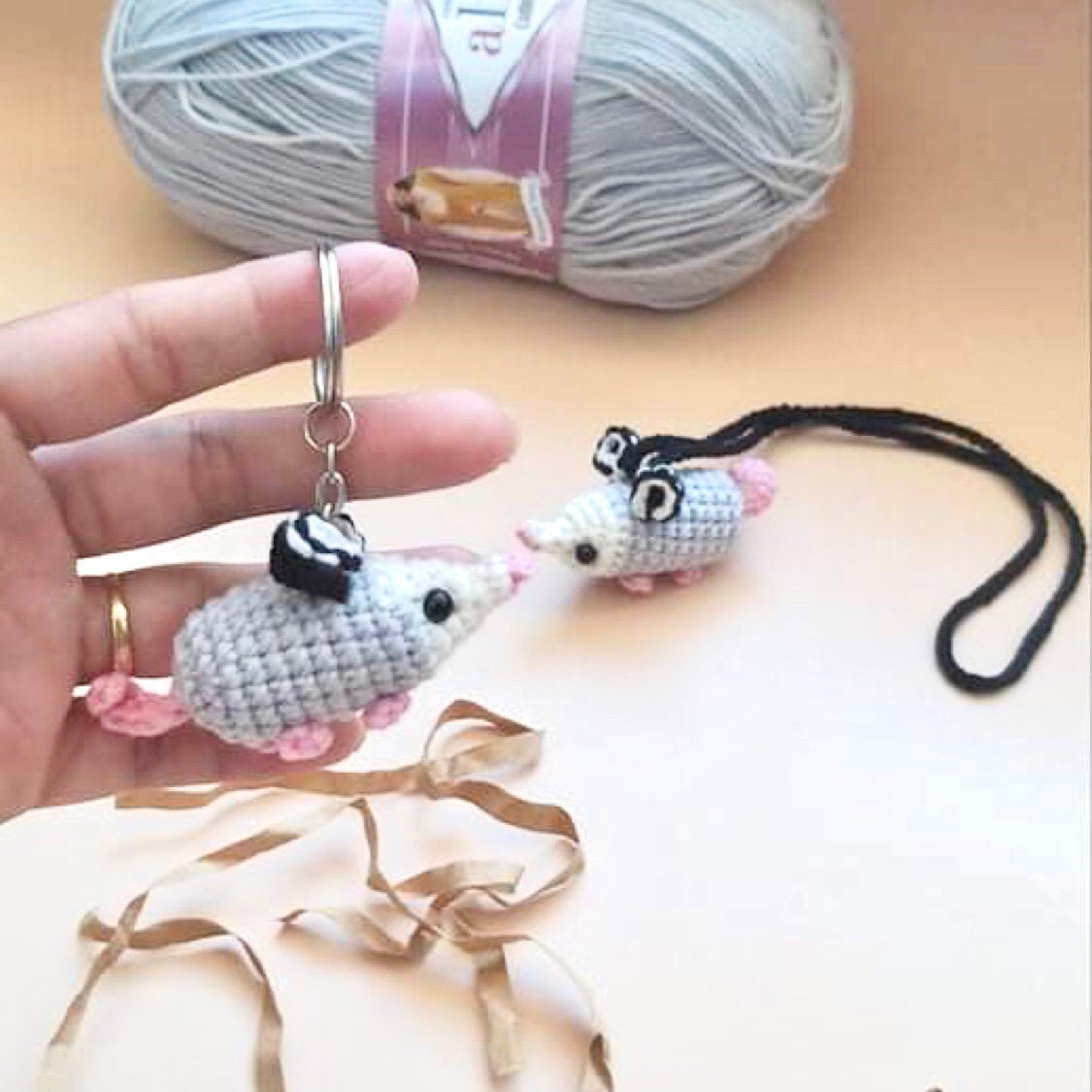 Handmade possum car rearview mirror charm crochet amigurumi, opossum keychain, plushie toy, gift, car hanging accessory