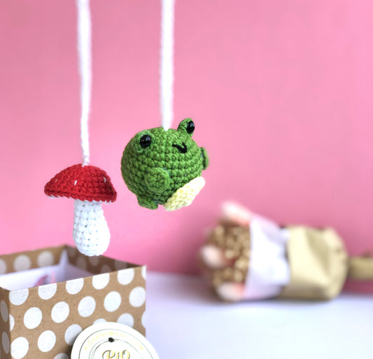Handmade car rearview mirror charm crochet, amigurumi frog and mushroom, cute car charm