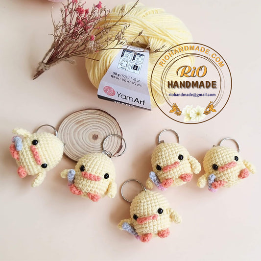 Ready To Ship, Rio Handmade duck with knife meme crochet keychain, car rear view mirror hanging, ducky meme, duck with frog hat, cute gift,