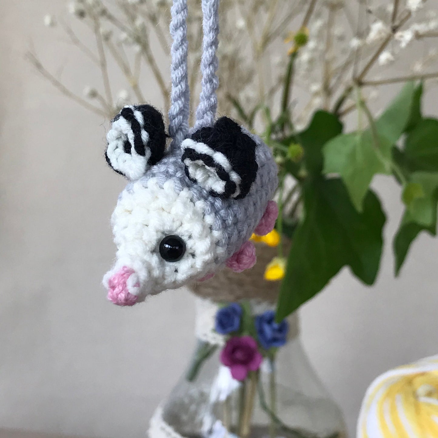 Handmade possum car rearview mirror charm crochet amigurumi, opossum keychain, plushie toy, gift, car hanging accessory