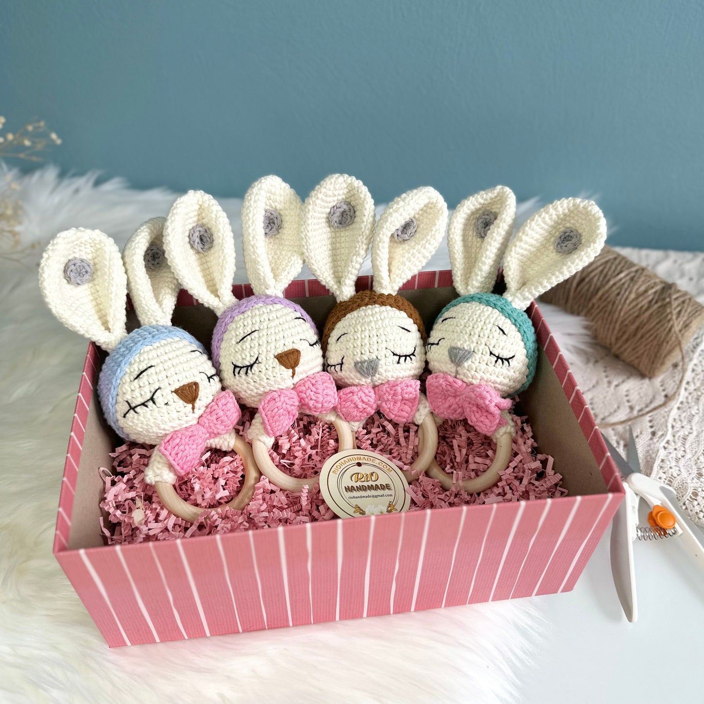 Baby Shower Gift Set For Newborns, Crochet Bunny Doll & Wooden Ring (NO SOUND) Set, Amigurumi Toy, Sleeping Rabbit, Matching Gifts