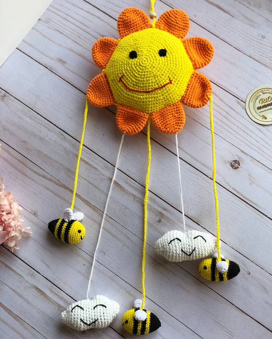 Crib mobile for baby, Crochet Sun wall decor for kids room, Crochet hanging