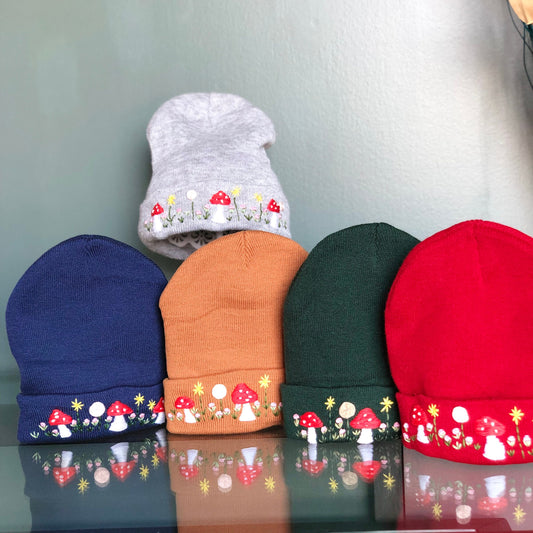 Hand embroidered Beanie, Winter Hat, Plant Hat, Handmade Hat, Mushroom Embroidery