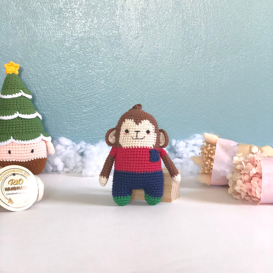 Handmade monkey crochet, gift for kid, pom bag charm, car rear view hanging mirrior, amigurumi, cute gift.