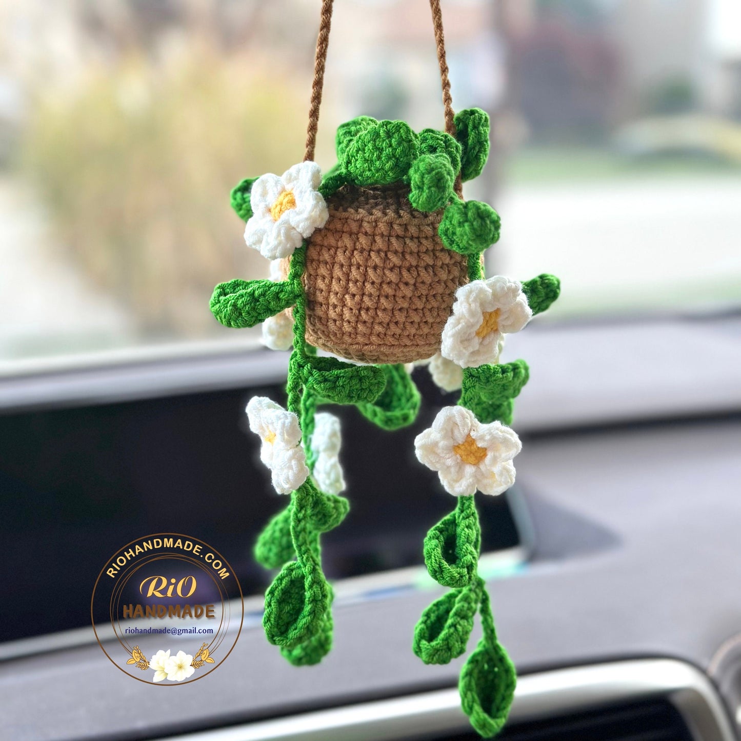 Handmade car rearview mirror charm, crochet hanging plant, Birthday gift, car hanging accessory, Car hanging plant