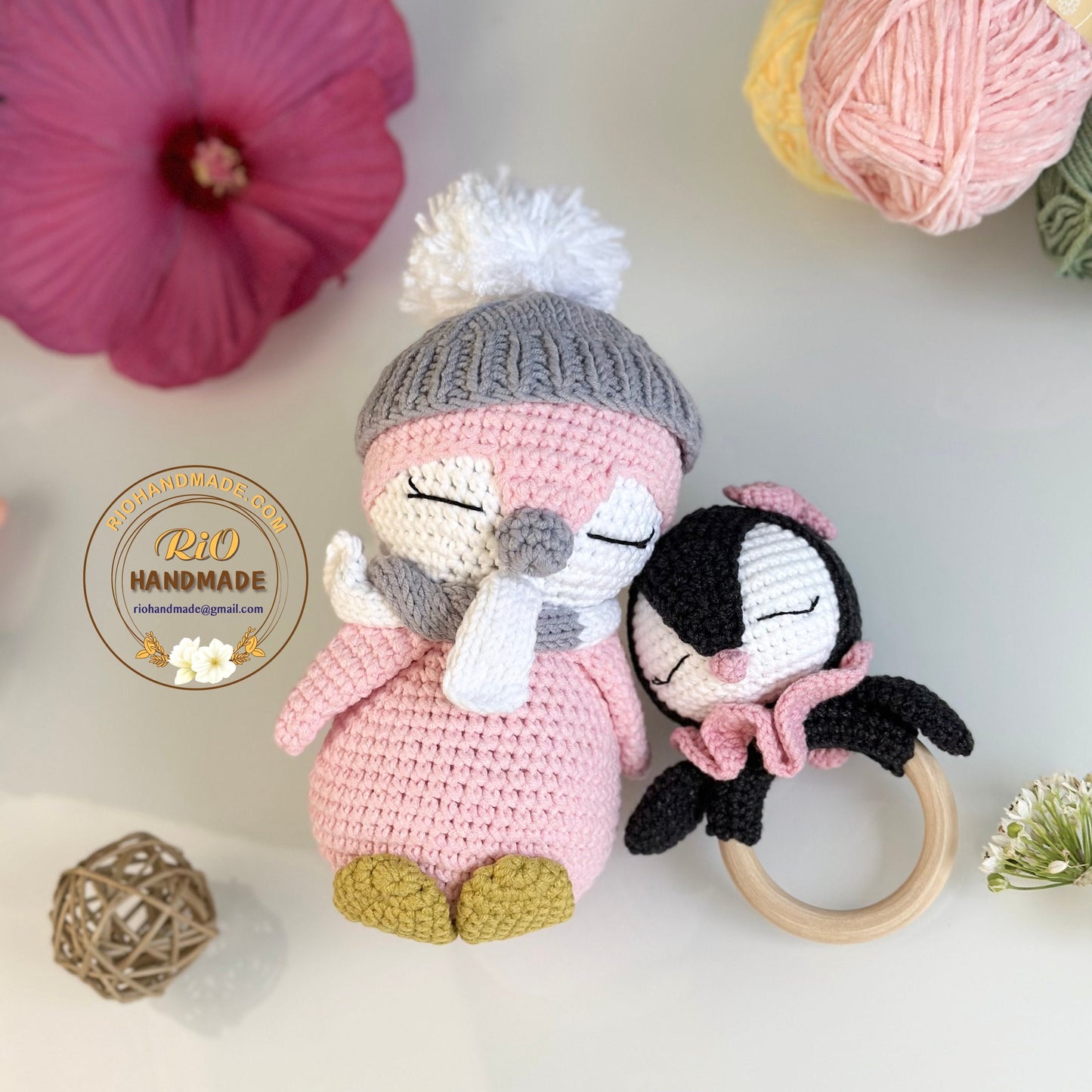 Baby Rattle, Crochet Penguin Rattle and Matching Toy, Animal Newborn Baby Rattle, Baby Crochet Rattle Gift, Baby Shower Gift