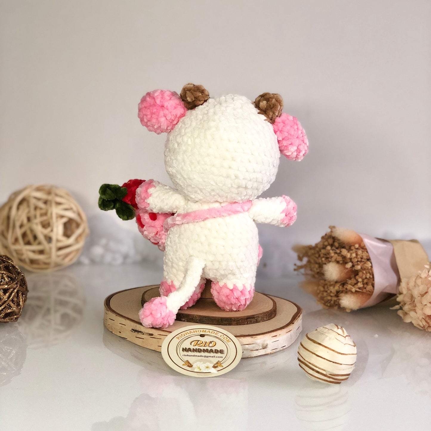 Ready To Ship, Handmade Velvet Cow, Cute Strawberry Cow Plushie  Crochet, Amigurumi Cow cute, Soft Toy For Baby, Toddler, Kid, Adult Hobby