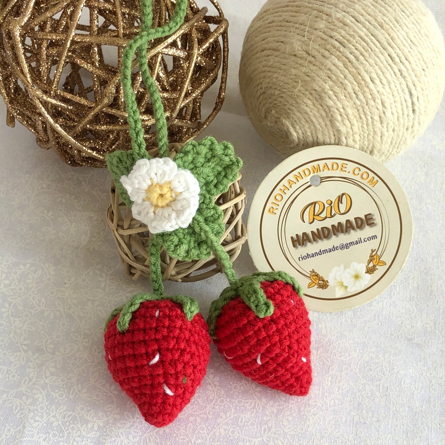 Handmade car rearview mirror charm, crochet strawberry, amigurumi strawberry, plushie toy, gift, car hanging accessory