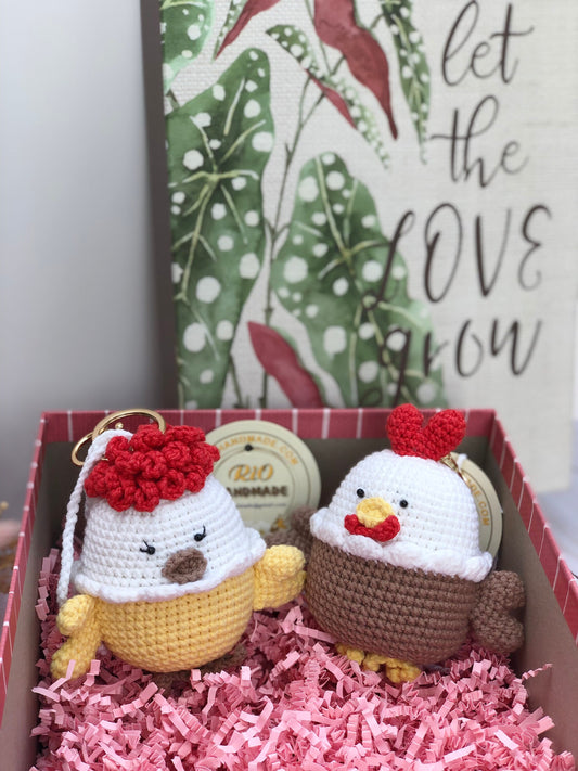 Handmade crochet chicken, pom bag charm, amigurumi rooster, cute, soft toy for baby, toddler, kid, adult hobby