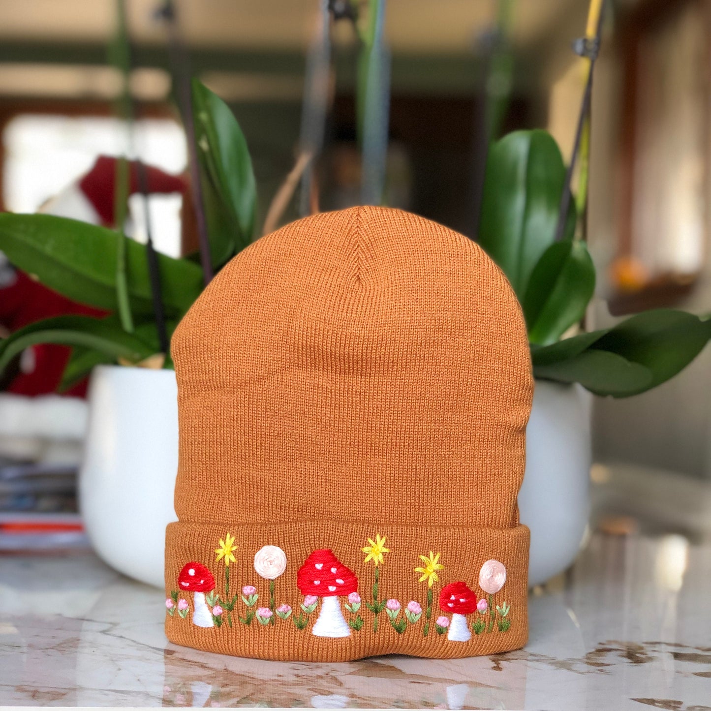 Hand embroidered Beanie, Winter Hat, Plant Hat, Handmade Hat, Mushroom Embroidery