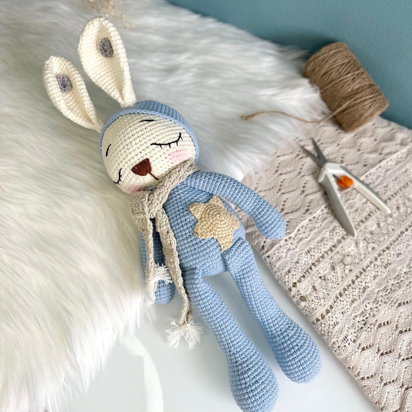 Baby Shower Gift Set For Newborns, Crochet Bunny Doll & Wooden Ring (NO SOUND) Set, Amigurumi Toy, Sleeping Rabbit, Matching Gifts