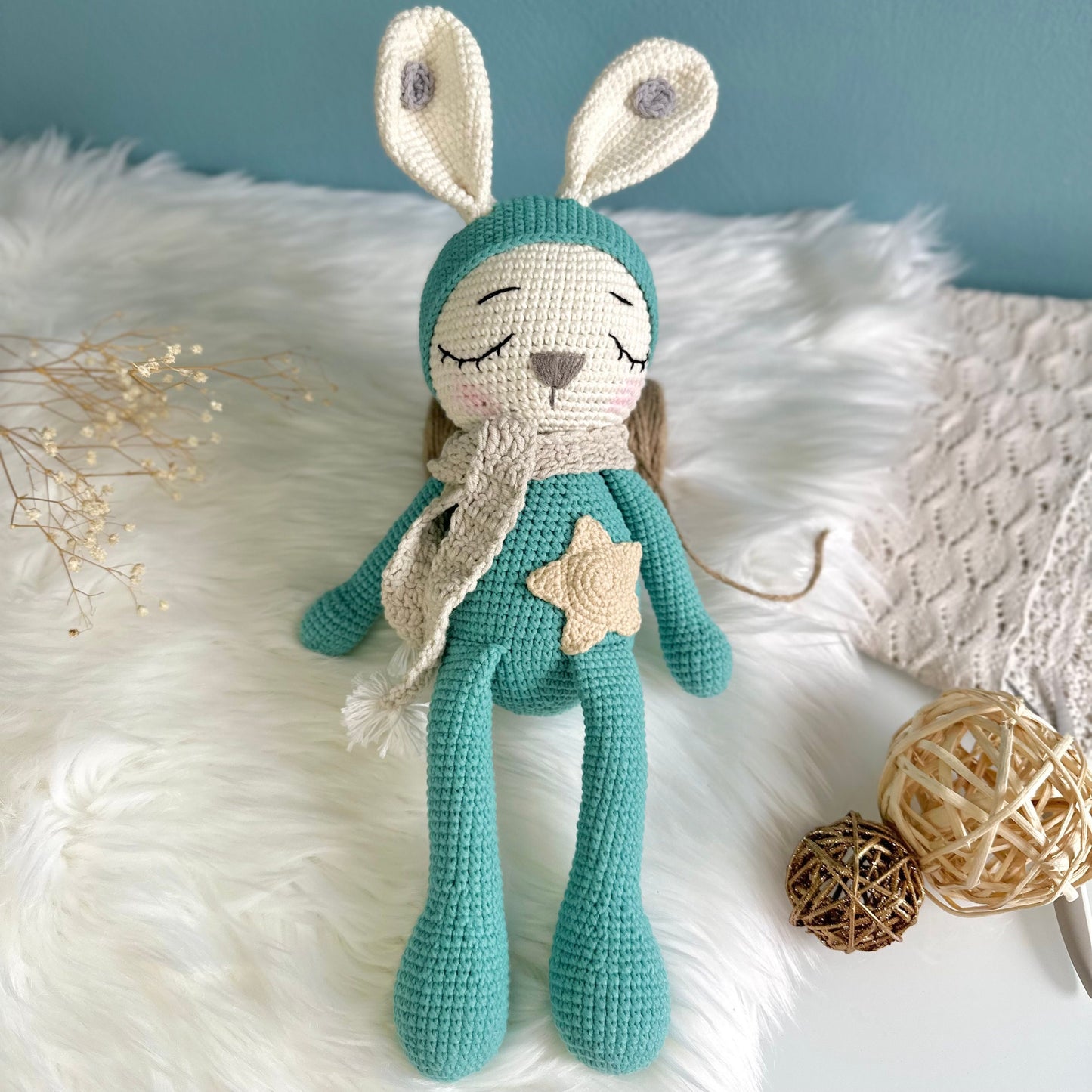 Baby Shower Gift Set For Newborns, Crochet Bunny Doll & Wooden Ring (NO SOUND) Set, Amigurumi Toy, Sleeping Rabbit, Matching Gifts