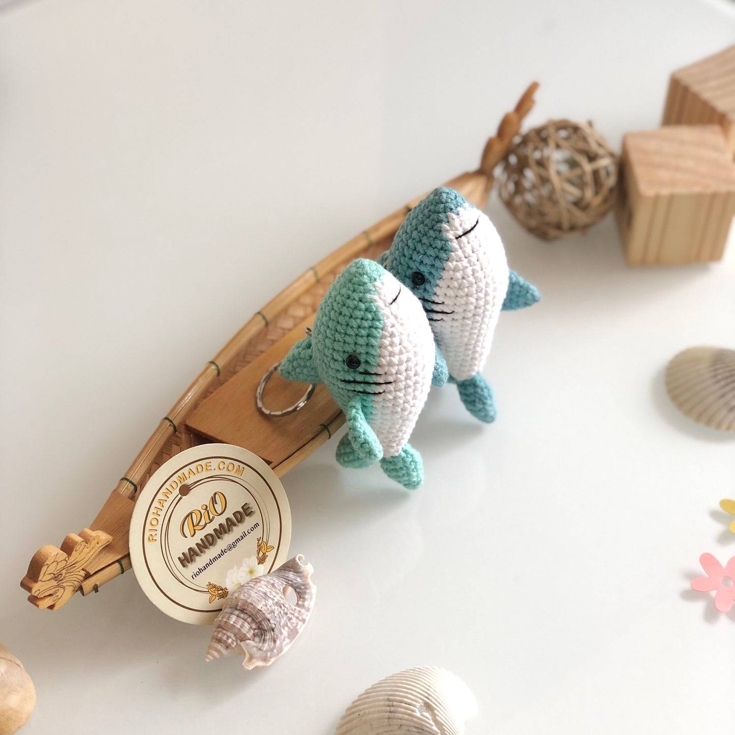 Handmade Shark crochet keychain, pom bag charm, car rear view hanging mirrior, amigurumi, cute gift.