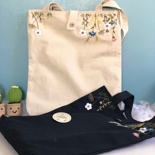 Handmade Embroidery Floral Linen Tote Bag Flowers