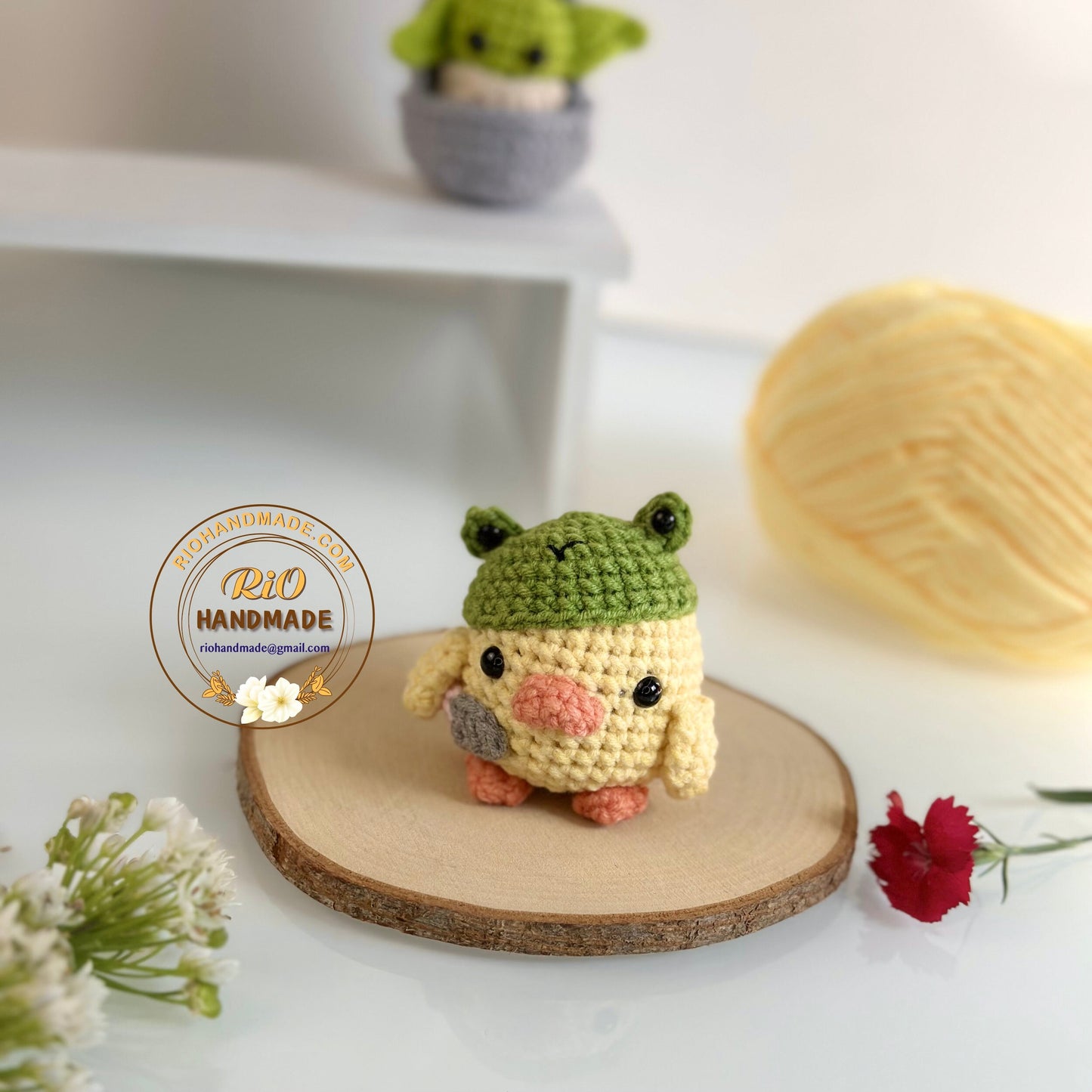 Ready To Ship, Rio Handmade duck with knife meme crochet keychain, car rear view mirror hanging, ducky meme, duck with frog hat, cute gift,