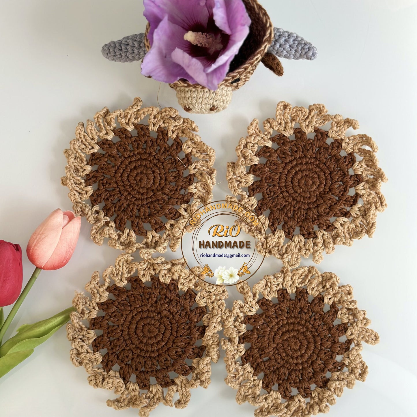 Ready To Ship, Rio Handmade Crochet Highland Cow Coaster, Set of 4 Coaster and Head, Mug Rug,  Housewarming Gift, Home Decor, Birthday Gift