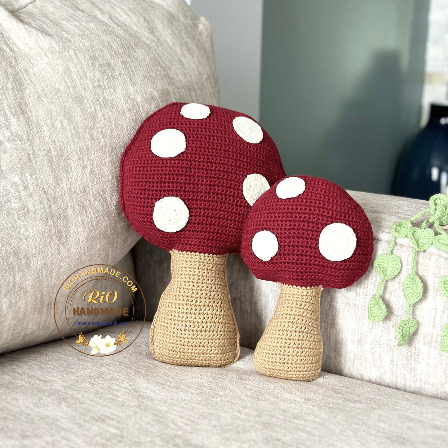Handmade cotton yarn mushroom pillow crochet, home decor, amigurumi, decorative mushroom throw pillow