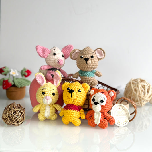 Handmade yarn cotton animal crochet, amigurumi Winnie the Pooh inspired stuffed, cute, soft toy for baby, toddler, kid, adult hobby,