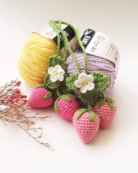 Handmade car rearview mirror charm, crochet strawberry, amigurumi strawberry, plushie toy, gift, car hanging accessory