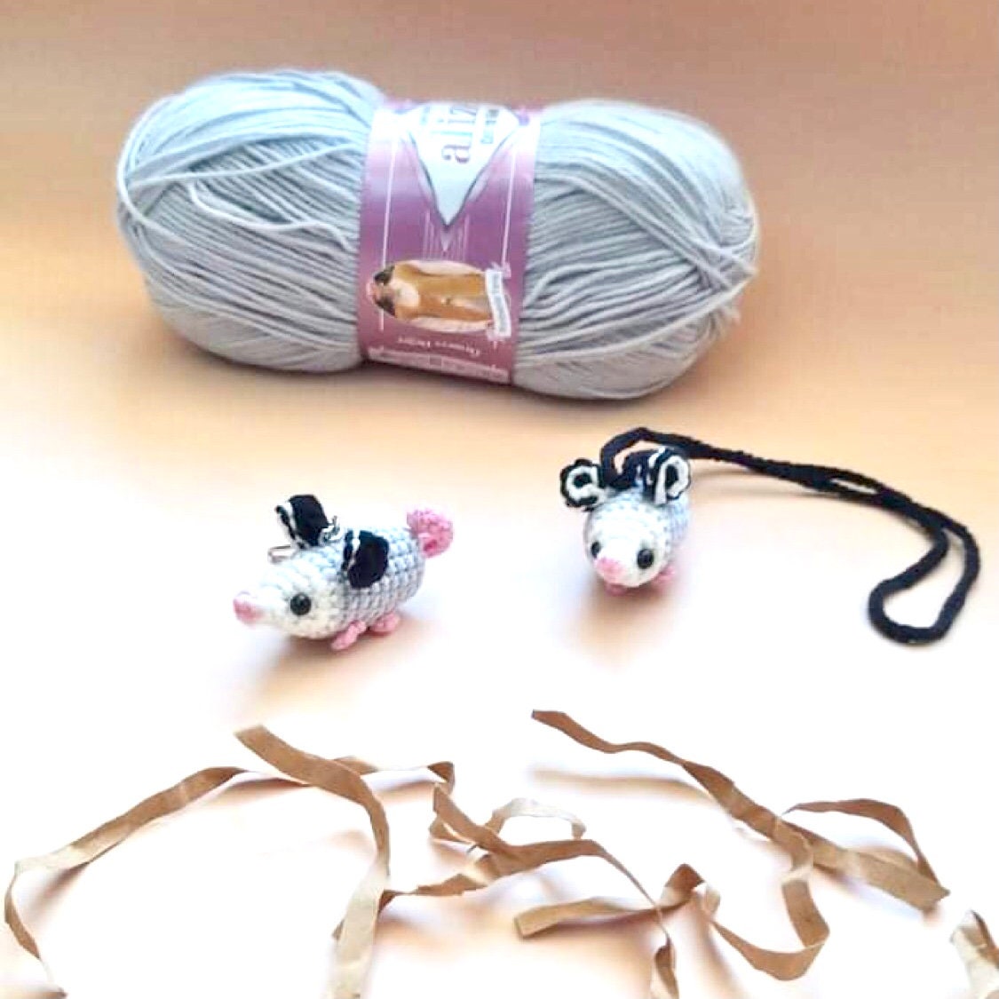 Handmade possum car rearview mirror charm crochet amigurumi, opossum keychain, plushie toy, gift, car hanging accessory
