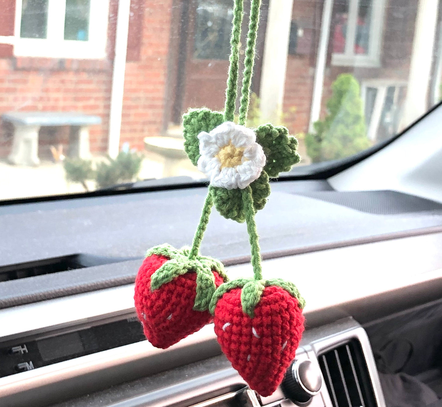 Handmade car rearview mirror charm, crochet strawberry, amigurumi strawberry, plushie toy, gift, car hanging accessory