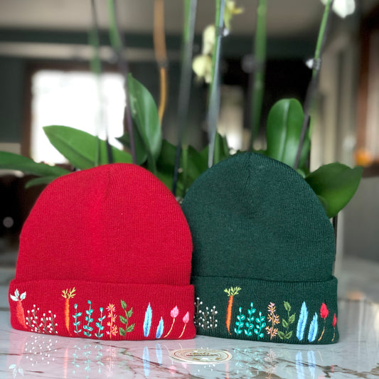 Hand embroidered Beanie, Winter Hat, Plant Hat, Handmade Hat