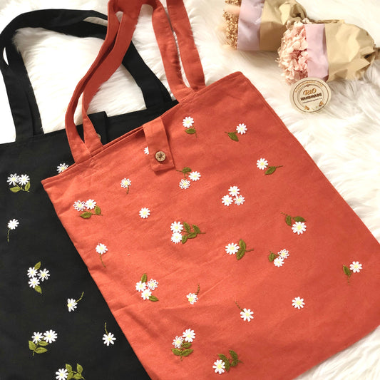 Handmade Linen Embroidery Flower Tote Bag