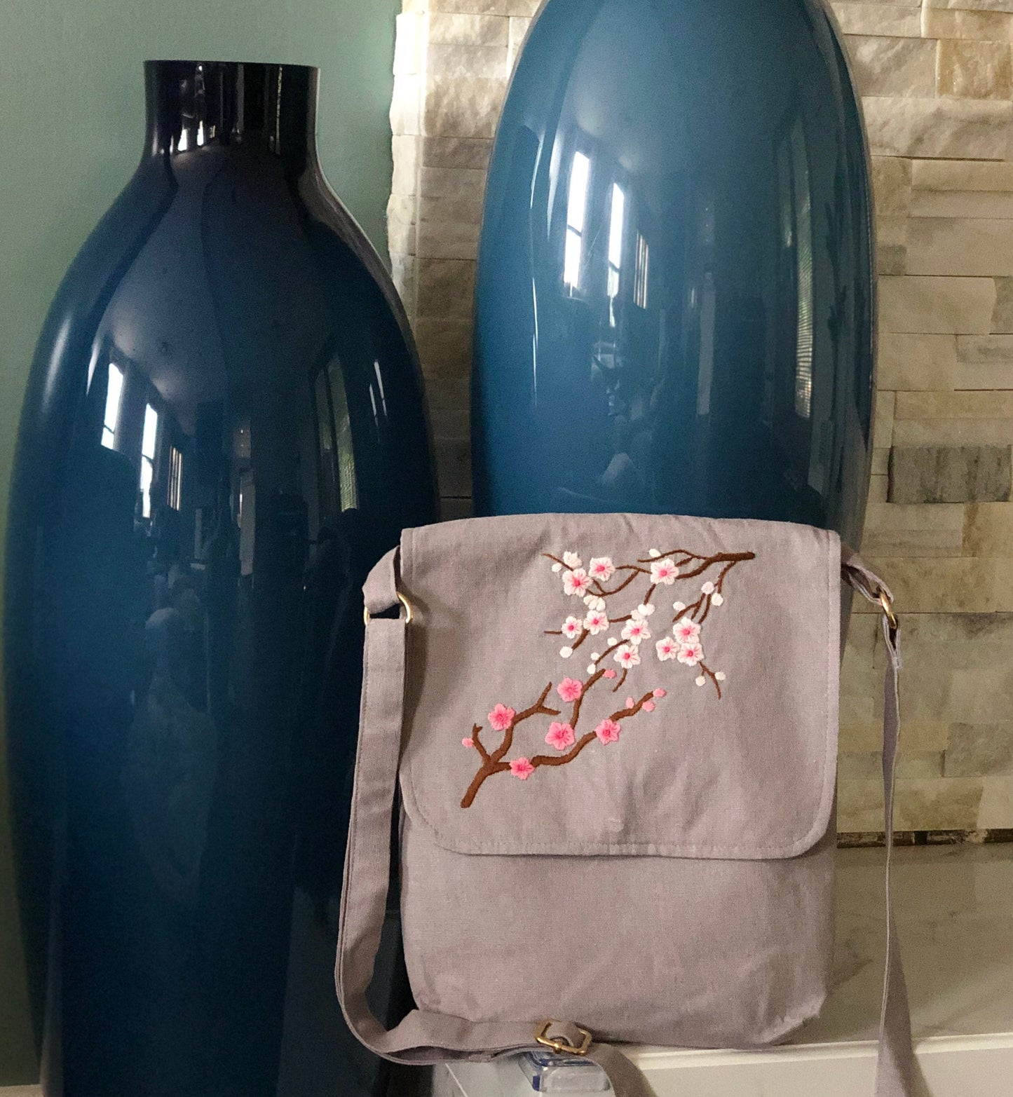 Hand Embroidered Cherry Blossom Linen Crossbody Bag, Linen Bag, Crossbody Bag