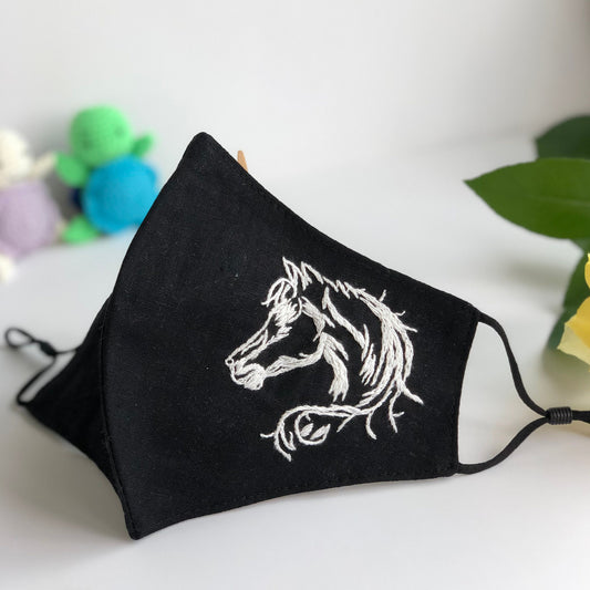 High quality hand embroidery linen face mask with filter pocket, size large.