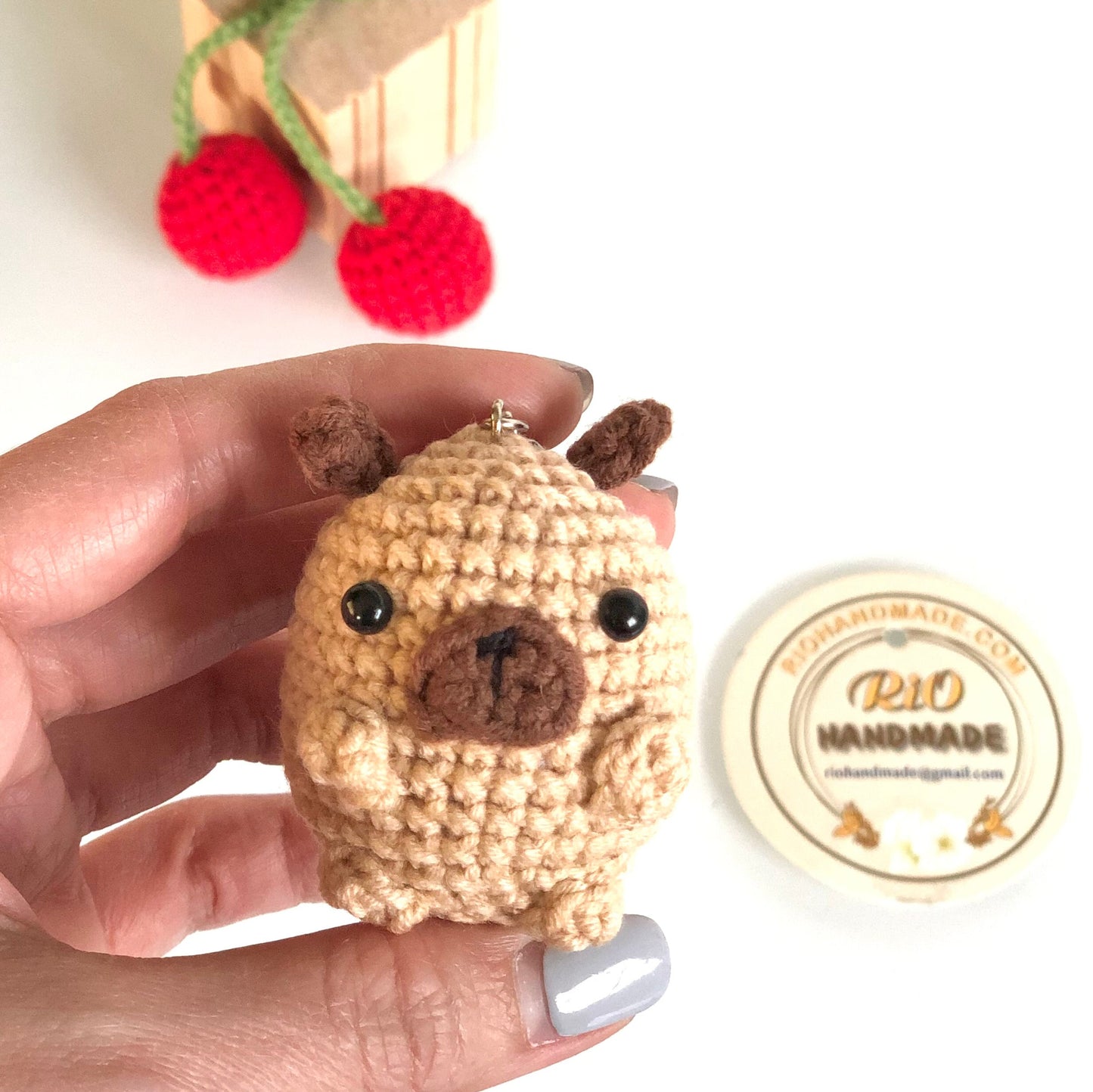 Handmade Pug keychain, Pug car rearview mirror charm crochet amigurumi, plushie toy, gift, car hanging accessory