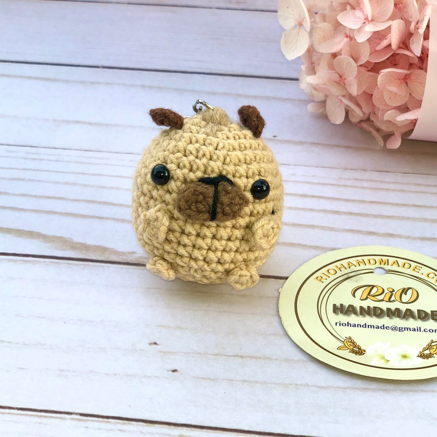 Handmade Pug keychain, Pug car rearview mirror charm crochet amigurumi, plushie toy, gift, car hanging accessory