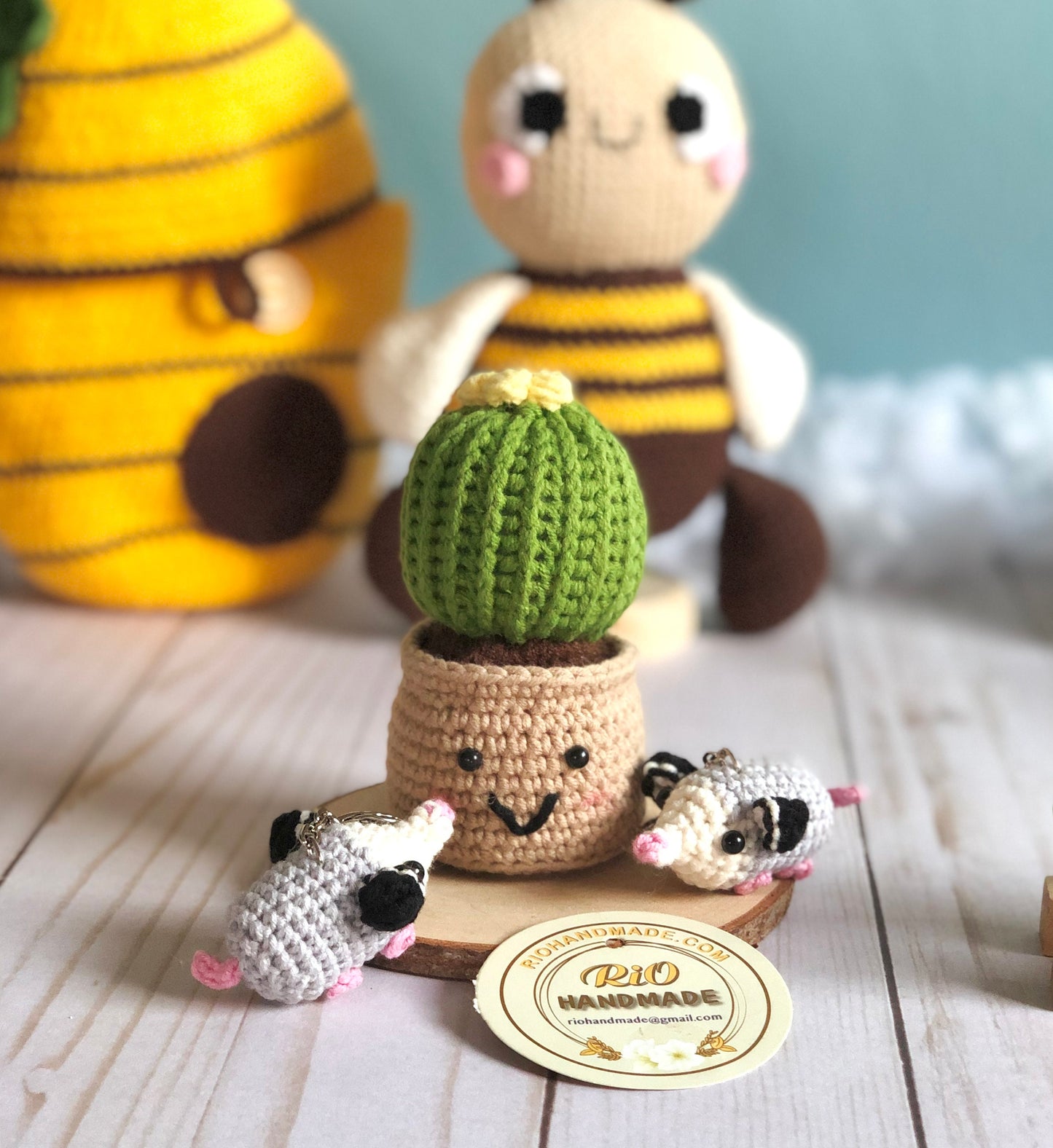 Handmade possum car rearview mirror charm crochet amigurumi, opossum keychain, plushie toy, gift, car hanging accessory