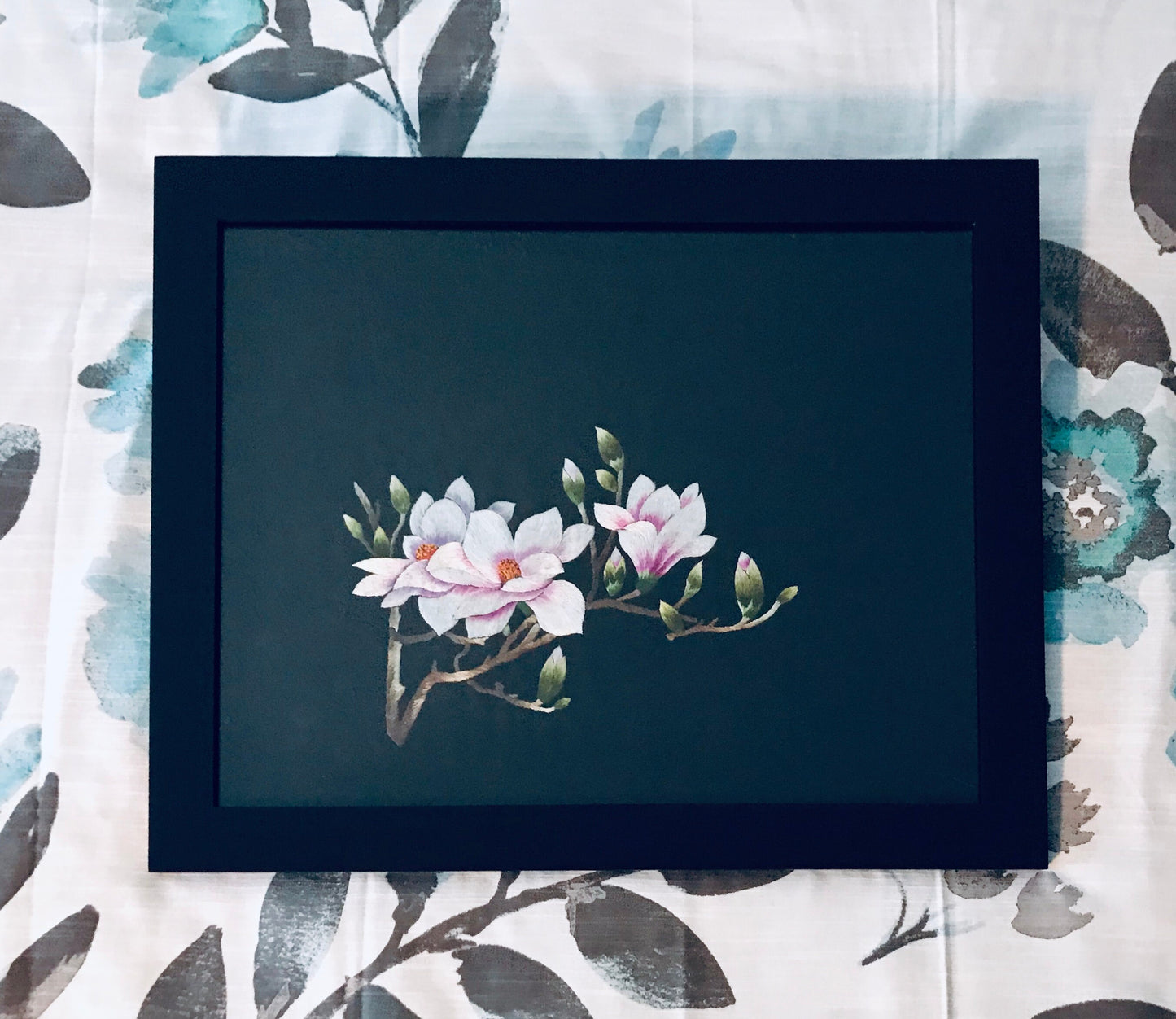 Hand embroidered picture magnolia pink flower
