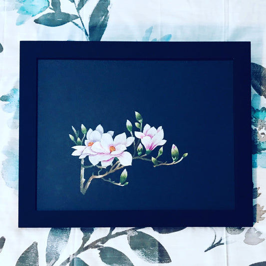 Hand embroidered picture magnolia pink flower