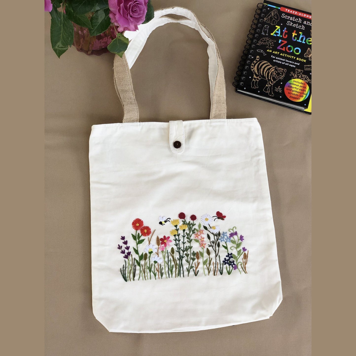 Ready To Ship, Handmade Embroidery Floral Tote Bag Wild Flowers
